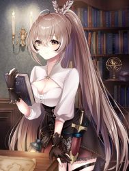 Rule 34 | 1girl, ahoge, asymmetrical legwear, belt, book, bookshelf, brown corset, brown eyes, brown hair, candle, cleavage cutout, clothing cutout, corset, dagger, feather hair ornament, feathers, fingernails, gloves, hair ornament, hairclip, highres, holding, holding book, hololive, hololive english, knife, lantern, long hair, looking at viewer, lucian zzz, map, multicolored hair, nanashi mumei, partially fingerless gloves, planetarium, pleated skirt, ponytail, red skirt, scroll, shirt, skirt, smile, streaked hair, table, thigh strap, very long hair, virtual youtuber, weapon, white shirt, wooden table