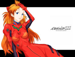 Rule 34 | 00s, 1girl, armpits, bangs pinned back, blue eyes, breasts, breasts apart, copyright name, cowboy shot, english text, evangelion: 2.0 you can (not) advance, female focus, hand in own hair, hand on own head, letterboxed, long hair, narrow waist, neon genesis evangelion, orange hair, outside border, p p p s, plugsuit, rebuild of evangelion, simple background, skin tight, solo, souryuu asuka langley, two side up, white background, wide hips
