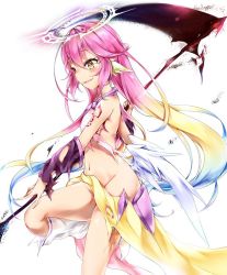 Rule 34 | 1girl, aged down, angel wings, blush, commentary request, spiked halo, crop top, cross, evil smile, feathered wings, gradient hair, halo, holding, holding weapon, ikasoke (likerm6au), jibril (no game no life), long hair, low wings, magic circle, multicolored hair, navel, no game no life, no panties, open mouth, pink hair, scythe, smile, solo, symbol-shaped pupils, tattoo, torn clothes, very long hair, weapon, white wings, wing ears, wings