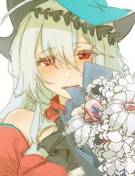 Rule 34 | 1girl, :d, absurdres, arknights, ascot, bare shoulders, black ascot, blue hat, blush, bouquet, creature, flower, grey hair, hachi32gyi, hat, highres, long hair, looking at viewer, monster, open mouth, red eyes, simple background, skadi (arknights), skadi the corrupting heart (arknights), smile, solo, upper body, white background