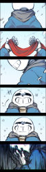 Rule 34 | 1boy, :d, border, coat, comic, covering face, crying, despair, empty eyes, grin, head down, highres, hood, hoodie, laughing, male focus, motion lines, onieon, open clothes, open mouth, red scarf, sans (undertale), scarf, skeleton, smile, snowflakes, snowing, solo, spoilers, tears, teeth, undertale, unworn scarf, winter clothes, winter coat