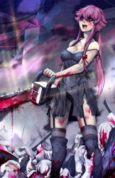 Rule 34 | 1girl, axe, bad id, bad twitter id, blood, blood on clothes, blood on face, bloody weapon, boots, breasts, chainsaw, collarbone, commentary, commission, dress, english commentary, gasai yuno, hair ribbon, highres, holding, holding chainsaw, knife, long hair, medium breasts, mirai nikki, niandni, open mouth, pile of corpses, pink eyes, pink hair, ponytail, red ribbon, ribbon, solo focus, standing, thighhighs, thighhighs under boots, torn clothes, torn dress, weapon, yandere