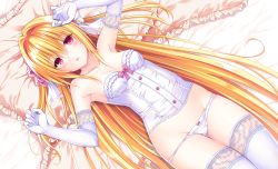 Rule 34 | 1girl, armpits, arms up, bare shoulders, bed sheet, blonde hair, blush, bow, breasts, bustier, cleavage, collarbone, commentary request, elbow gloves, ffcreatyuuki, flower, frilled pillow, frills, from above, gloves, gluteal fold, hair between eyes, hair flower, hair intakes, hair ornament, konjiki no yami, lingerie, long hair, looking at viewer, lying, medium breasts, on back, on bed, panties, parted lips, pillow, pink bow, pink eyes, pink flower, pink rose, revision, rose, smile, solo, straight hair, thigh gap, thighhighs, to love-ru, to love-ru darkness, underwear, underwear only, very long hair, white gloves, white panties
