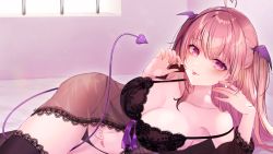Rule 34 | 1girl, ahoge, black panties, black thighhighs, blush, breasts, character request, cleavage, closed mouth, collarbone, commission, demon tail, hair between eyes, heart, heart ahoge, heart tattoo, highres, large breasts, lingerie, long hair, looking at viewer, lying, negligee, off shoulder, on side, panties, pink eyes, pink hair, pubic tattoo, purple tail, rik works, sideboob, skeb commission, sleepwear, solo, spaghetti strap, tail, tattoo, thighhighs, tongue, tongue out, underwear, virtual youtuber