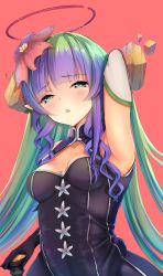 Rule 34 | 1girl, ameth (princess connect!), arm up, armpits, blue eyes, blush, breasts, cleavage, dress, elbow gloves, elf, flower, flower on head, from below, gloves, green hair, hair ornament, half-closed eyes, halo, highres, long hair, looking at viewer, maza kisuke, medium breasts, multicolored hair, open mouth, pointy ears, princess connect!, purple hair