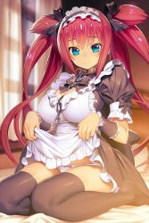 Rule 34 | 1girl, airi (queen&#039;s blade), airi (queen&#039;s blade unlimited), apron, bed, between breasts, black bow, black dress, black footwear, black ribbon, black thighhighs, blue eyes, blush, bow, bow panties, breasts, chain, chain leash, closed mouth, clothes lift, dress, dress lift, hair bow, indoors, leash, long hair, looking at viewer, maid, maid apron, maid headdress, mary janes, medium breasts, official art, on bed, panties, presenting, puffy short sleeves, puffy sleeves, queen&#039;s blade, queen&#039;s blade unlimited, queen&#039;s blade white triangle, red hair, ribbon, seiza, shoes, short sleeves, sitting, solo, thighhighs, twintails, underwear, very long hair, white panties, window, wrist cuffs