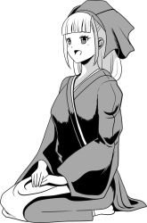 Rule 34 | 1girl, agedashi doufu mk23, greyscale, highres, long hair, looking to the side, monochrome, open mouth, original, own hands together, seiza, simple background, sitting, solo, three quarter view