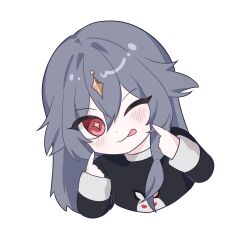 Rule 34 | + +, 1girl, ;p, blush, character print, chibi, closed mouth, commentary request, cropped torso, fu hua, fu hua (herrscher of sentience), grey hair, hair between eyes, hands up, highres, honkai (series), honkai impact 3rd, jingwei (bird), korean commentary, leaning to the side, long hair, looking at viewer, one eye closed, print shirt, red eyes, shirt, simple background, smile, solo, tongue, tongue out, tttokhonkai, upper body, white background