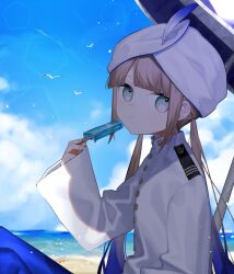 Rule 34 | 1boy, beach, beach umbrella, bird, blue eyes, blue hair, blue pantyhose, blue sky, blunt bangs, buttons, captain nemo (fate), coat, day, eating, epaulettes, fate/grand order, fate (series), feet out of frame, food, gradient hair, hat feather, high collar, highres, holding, holding food, holding popsicle, kenne 28, knees up, light brown hair, light particles, long hair, looking at viewer, low twintails, military, military uniform, multicolored hair, naval uniform, nemo (fate), ocean, outdoors, pantyhose, popsicle, seagull, shade, sitting, sky, sleeves past wrists, solo, turban, twintails, umbrella, uniform, white coat
