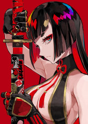 Rule 34 | 1girl, arm up, armpits, bare shoulders, black gloves, black hair, breasts, center opening, cleavage, closed mouth, commentary request, gloves, highres, holding, holding sheath, holding sword, holding weapon, lam (ramdayo), large breasts, long hair, looking at viewer, original, red background, red eyes, sheath, short eyebrows, simple background, solo, sword, thick eyebrows, twintails, unsheathing, upper body, weapon