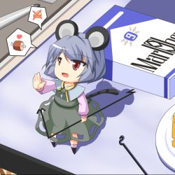 Rule 34 | 1girl, animal ears, blue hair, boned meat, cheese, circled 9, female focus, food, grey hair, heart, jewelry, marlboro, meat, mouse (animal), mouse ears, mouse tail, nazrin, open mouth, parody, pendant, red eyes, short hair, tail, touhou, urushi