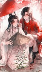 Rule 34 | 2boys, absurdres, bandaged neck, bandages, bishounen, black hair, blood, blood splatter, brown hair, butterfly necklace, chamomile, cherry blossoms, chinese clothes, daisy, eyepatch, flower, highres, holding, holding umbrella, hua cheng, long hair, long sleeves, looking at another, male focus, multiple boys, oil-paper umbrella, orange eyes, outdoors, raining blood, red eyes, red hanfu, red robe, red umbrella, robe, shared umbrella, tianguan cifu, umbrella, very long hair, white flower, white hanfu, wide sleeves, xie lian, yaoi, young57440489