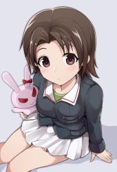 Rule 34 | 1girl, blue jacket, blush, brown eyes, brown hair, closed mouth, commentary, from above, girls und panzer, green shirt, grey background, highres, holding, holding stuffed toy, jacket, kasai shin, light blush, long sleeves, looking at viewer, looking up, military, military uniform, miniskirt, ooarai military uniform, parted bangs, pleated skirt, sawa azusa, shadow, shirt, short hair, simple background, sitting, skirt, solo, stuffed animal, stuffed rabbit, stuffed toy, uniform, white skirt