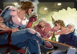 Rule 34 | 3boys, alcohol, artist name, bandages, beard, beer, beer bottle, blonde hair, blouse, blue shirt, bottle, brown hair, card, casual, chair, cigar, closed eyes, collarbone, collared shirt, eyepatch, facial hair, highres, hillprime, holding, holding bottle, holding card, horns, kazuhira miller, long sleeves, male focus, mechanical arms, metal gear (series), metal gear solid v: the phantom pain, multiple boys, muscular, open mouth, playing card, playing games, ponytail, prosthesis, prosthetic arm, red shirt, revolver ocelot, scar, scar on face, scar on nose, shirt, short hair, short sleeves, single horn, single mechanical arm, sitting, smile, smoke, smoking, sunglasses, sweat, table, twitter username, venom snake, white shirt