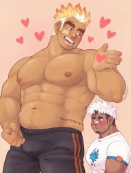 Rule 34 | 2boys, abs, akiha gongen (housamo), averting eyes, bandaid, bandaid on cheek, bandaid on face, bandaid on nose, bara, black hair, black pants, blonde hair, blush, bulge, burn scar, commentary, cowboy shot, dark-skinned male, dark skin, english commentary, facial hair, goatee, heart, highres, horns, large pectorals, looking at another, loving aura, male focus, multicolored hair, multiple boys, muscular, muscular male, mystar21, navel, nervous sweating, nipples, open mouth, pants, pectorals, pink background, scar, scar on face, scar on hip, scar on shoulder, scar on stomach, shirt, short hair, sideburns stubble, signature, simple background, single horn, sparse arm hair, sparse chest hair, sparse navel hair, stubble, sweat, tight clothes, tight shirt, tokyo houkago summoners, topless male, two-tone hair, ulaanbaatar (housamo), undercut, veins, veiny arms, white hair, white shirt, yaoi