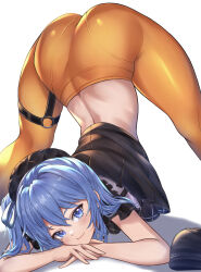Rule 34 | 1girl, absurdres, ass, ass focus, bent over, beret, black dress, black hat, blue eyes, blue hair, cheek press, clothes lift, collared dress, dress, dress lift, hands on own cheeks, hands on own face, hat, highres, hololive, honkivampy, hoshimachi suisei, hoshimachi suisei (streetwear), jack-o&#039; challenge, looking at viewer, median furrow, medium hair, o-ring, o-ring thigh strap, official alternate costume, orange pantyhose, pantyhose, pantylines, quilted headwear, short dress, short sleeves, skirt, skirt lift, solo, star (symbol), star in eye, symbol in eye, thick thighs, thigh strap, thighs, top-down bottom-up, virtual youtuber