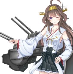 Rule 34 | 1girl, ahoge, brown hair, cannon, commentary request, detached sleeves, double bun, frilled skirt, frills, hair bun, hairband, headgear, japanese clothes, kantai collection, kongou (kancolle), kongou kai ni (kancolle), long hair, nontraditional miko, one eye closed, purple eyes, ribbon-trimmed sleeves, ribbon trim, rigging, simple background, skirt, solo, turret, white background, yatsu seisakusho