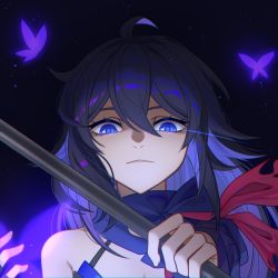 Rule 34 | 1girl, bare shoulders, black background, blue butterfly, blue eyes, blue hair, bug, butterfly, highres, holding, honkai: star rail, honkai (series), insect, lexingrakukouu, long hair, looking at viewer, open mouth, portrait, scarf, seele (honkai: star rail), solo, teeth