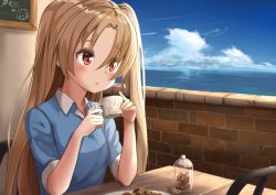 Rule 34 | 1girl, ame., azur lane, blue shirt, blue sky, blush, brick wall, chair, cleveland (azur lane), cloud, collared shirt, commentary request, cup, day, hair between eyes, holding, holding cup, horizon, indoors, light brown hair, long hair, looking away, ocean, one side up, parted lips, polo shirt, red eyes, shirt, short sleeves, sitting, sky, solo, table, very long hair, water