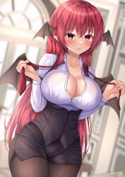 Rule 34 | 1girl, black pantyhose, black skirt, black vest, black wings, blush, breasts, buttons, cleavage, closed mouth, collarbone, cowboy shot, demon wings, fingernails, hair between eyes, head wings, highres, koakuma, large breasts, long hair, long sleeves, necktie, pantyhose, partially unbuttoned, pencil skirt, red eyes, red hair, red necktie, reijing etrn, shirt, sidelocks, skirt, solo, tongue, tongue out, touhou, undone necktie, vest, white shirt, wings