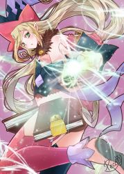 Rule 34 | 1girl, blonde hair, book, green eyes, hat, highres, long hair, looking at viewer, magic, magilou (tales), pecco (pecco297), pink thighhighs, pointy ears, purple background, short shorts, shorts, signature, solo, tales of (series), tales of berseria, thighhighs