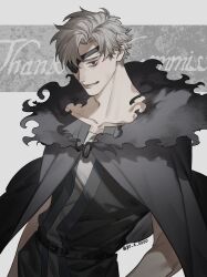 Rule 34 | 1boy, absurdres, arm at side, artist name, asymmetrical bangs, asymmetrical hair, belt, belt buckle, bishounen, black belt, buckle, cape, closed mouth, collarbone, commission, cowboy shot, english text, eyepatch, from side, fur collar, go e 0000, grey background, grey cape, grey tunic, grin, highres, layered clothes, leaning back, looking at viewer, male focus, nose, original, parted lips, red eyes, short bangs, short hair, simple background, skeb commission, smile, solo, standing, teeth, thank you, tunic, two-tone background, white hair