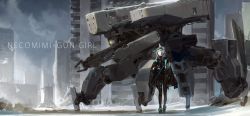 Rule 34 | animal ears, barbed wire, black gloves, black jacket, blue hair, blush, broken, building, cat ears, debris, english text, fingerless gloves, gloves, highres, hood, hood up, jacket, jacket on shoulders, kare huang, light blue hair, light rays, long hair, mecha, open clothes, open jacket, original, parted lips, partially fingerless gloves, post-apocalypse, red eyes, robot, science fiction, solo, standing, thigh strap, turtleneck, zipper, zipper pull tab