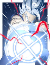 Rule 34 | 1boy, ahoge, aiming, aiming at viewer, arms up, blue background, border, constricted pupils, dougi, dragon ball super, dragon ball super super hero, electricity, energy, forehead, foreshortening, furrowed brow, glowing, gohan beast, grey hair, holding own arm, huge ahoge, kihada magulo, legs apart, looking at viewer, makankousappou, male focus, muscular, muscular male, outside border, outstretched arm, powering up, red eyes, simple background, sleeveless, solo, spiked hair, standing, v-shaped eyebrows, white border, wide-eyed, wristband