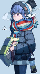 Rule 34 | 1girl, beanie, blue background, blue hair, blue jacket, blue pants, breath, brown gloves, cowboy shot, denim, down jacket, gloves, hat, highres, holding, jacket, jeans, lantern, light blush, long sleeves, looking ahead, multicolored clothes, multicolored scarf, panko (drive co), pants, parted lips, pom pom (clothes), pom pom beanie, purple eyes, scarf, shima rin, simple background, solo, unworn gloves, white hat, yurucamp
