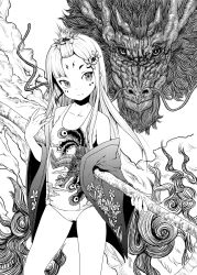 Rule 34 | 1girl, dragon, eastern dragon, facepaint, greyscale, hair ornament, hairclip, highres, japanese clothes, long hair, monochrome, one-piece swimsuit, original, shiro shougun, simple background, swimsuit, weapon, white background