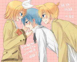 Rule 34 | 1girl, 2boys, bisexual male, blonde hair, blue eyes, blue hair, blush, brother and sister, clothed sex, finger in mouth, glasses, group sex, hair ornament, hair ribbon, hairclip, kagamine len, kagamine rin, kaito (vocaloid), multiple boys, project diva, project diva (series), ribbon, school uniform, sex, short ponytail, siblings, text focus, translation request, vocaloid