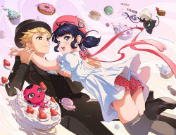 Rule 34 | 1boy, 1girl, adrien agreste, animal ears, black footwear, black hair, black headwear, black jacket, black pants, black sweater vest, black thighhighs, blonde hair, blue eyes, blush, bow, bug, cake, cat, cat ears, commentary, cupcake, doughnut, dress, food, fruit, gem, insect, jacket, kimopoleis, kwami, ladybug, looking at another, marinette dupain-cheng, miraculous ladybug, open mouth, pants, pink bow, pink headwear, pink shorts, plagg (miraculous ladybug), puffy short sleeves, puffy sleeves, shoes, short hair, short shorts, short sleeves, shorts, smile, strawberry, sweater vest, teeth, thighhighs, tikki (miraculous ladybug), twintails, upper teeth only, watermark, web address, white dress