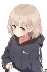 Rule 34 | 1girl, bag, black hoodie, blue eyes, blush, closed mouth, dated, earrings, from above, highres, holding, holding bag, hood, hoodie, idolmaster, idolmaster shiny colors, jewelry, light brown hair, long sleeves, looking at viewer, myeolchi, nike (company), serizawa asahi, short hair, signature, simple background, solo, white background