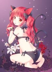 Rule 34 | 1girl, :3, absurdres, animal ears, ass, bare shoulders, barefoot, bell, bikini, black bikini, black bow, blunt bangs, bow, cat ears, cat tail, feet, flower, from behind, full body, hair bow, highres, jingle bell, kaenbyou rin, kneeling, long hair, looking at viewer, mimi (mimi puru), multicolored eyes, multiple tails, orange eyes, paw pose, pointy ears, red eyes, red flower, red hair, smile, solo, sparkle, swimsuit, tail, tongue, tongue out, touhou, two tails, wavy hair, white flower