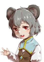 Rule 34 | 1girl, absurdres, animal ears, blue capelet, blush, breasts, capelet, commentary request, cookie (touhou), crystal, grey hair, grey vest, hakonnbo, highres, jewelry, looking at viewer, mouse ears, mouse girl, nazrin, nyon (cookie), open mouth, pendant, red eyes, shirt, short hair, simple background, small breasts, smile, solo, touhou, upper body, vest, white background, white shirt