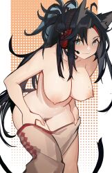 Rule 34 | 1girl, absurdres, animal ear fluff, animal ears, arknights, black hair, blaze (arknights), blush, breasts, cat ears, cat girl, cat tail, closed mouth, collarbone, commission, cowboy shot, distr, female pubic hair, grey eyes, hanging breasts, headset, highres, implied extra ears, large breasts, leaning forward, long hair, looking at viewer, mole, mole on breast, nipples, parted bangs, ponytail, pubic hair, slit pupils, smile, standing, tail, undressing, very long hair