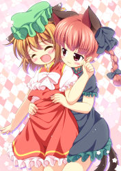 Rule 34 | 2girls, :3, animal ears, argyle, argyle background, argyle clothes, black dress, blush, bow, braid, cat ears, cat tail, chen, closed eyes, dress, ear piercing, earrings, extra ears, fang, hair bow, hat, jewelry, kaenbyou rin, mob cap, multiple girls, multiple tails, nekomata, open mouth, piercing, pila-pela, pink eyes, puffy short sleeves, puffy sleeves, red hair, shirt, short sleeves, single earring, skirt, skirt set, star (symbol), tail, tears, tickling, tickling sides, touhou, twin braids, vest