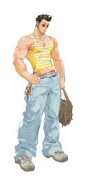 Rule 34 | 1boy, absurdres, bag, baggy pants, bara, beard stubble, belt, brillianttuo, facial hair, highres, holding, holding bag, hunter x hunter, jewelry, leorio paladiknight, male focus, muscular, muscular male, navel, necklace, pants, shoes, sideburns, sideburns stubble, sneakers, solo, spiked hair, striped tank top, stubble, sunglasses, tank top, thick arms, white background