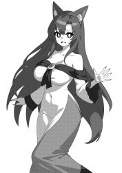 Rule 34 | 1girl, animal ear fluff, animal ears, breasts, cleavage, collarbone, covered navel, dress, fang, fingernails, greyscale, hair between eyes, highres, imaizumi kagerou, large breasts, long fingernails, long hair, long sleeves, monochrome, nail polish, onkn sxkn, open mouth, sharp fingernails, simple background, smile, solo, touhou, white background, wolf ears