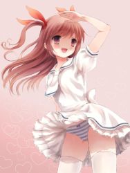 Rule 34 | 1girl, :d, arm up, blush, brown eyes, brown hair, chitosezaka suzu, dress, hair ribbon, heart, heart background, long hair, one side up, open mouth, original, panties, ribbon, smile, solo, source request, striped clothes, striped panties, thighhighs, underwear, white thighhighs, wind, wind lift