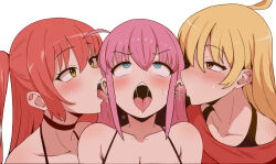 Rule 34 | 3girls, ahegao, ahoge, blonde hair, blue eyes, bocchi the rock!, breasts, brown eyes, choker, cleavage, ear licking, gotoh hitori, highres, ijichi seika, kita ikuyo, licking, long hair, medium breasts, multiple girls, open mouth, pink hair, pm byeol-i, red hair, saliva, simple background, sweat, teeth, tongue, tongue out, upper body, upper teeth only, white background, yellow eyes, yuri