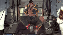 Rule 34 | 1boy, bara, black eyes, black hair, boots, broken, broken weapon, bulge, camouflage, camouflage jacket, camouflage pants, cuffs, eddie (gyee), gauntlets, gloves, gyee, handcuffs, highres, injury, jacket, looking at another, male focus, male underwear, nipples, non-web source, official art, on floor, pants, pectorals, scar, socks, solo, spiked hair, spread legs, teeth, thick eyebrows, toned, toned male, tooboshoo, torn clothes, underwear, weapon
