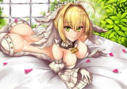 Rule 34 | 10s, 1girl, ahoge, ass, bare shoulders, bed sheet, breasts, bridal veil, butt crack, chain, cleavage, closed mouth, detached collar, fate/extra, fate (series), flower wreath, gloves, green eyes, huge ass, indoors, large breasts, lock, long sleeves, looking at viewer, lying, nero claudius (bride) (fate), nero claudius (fate), nero claudius (fate) (all), nero claudius (fate/extra), no panties, on stomach, padlock, pants, rt. (magic machinery), shiny skin, smile, solo, veil, white gloves