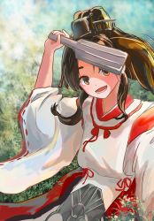 Rule 34 | 1girl, absurdres, black hair, brown eyes, day, fuuka hatsuden, grass, headgear, high ponytail, highres, holding, japanese clothes, kantai collection, long hair, looking at viewer, miko, nisshin (kancolle), open mouth, outdoors, ponytail, ribbon-trimmed sleeves, ribbon trim, sidelocks, solo, tassel, wide sleeves