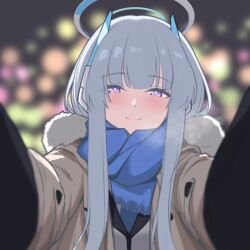 Rule 34 | 1girl, alternate costume, backlighting, black mittens, blazer, blue archive, blue necktie, blue scarf, blunt bangs, blurry, brown coat, coat, collared shirt, commentary, depth of field, grey hair, halo, headgear, jacket, long hair, long sleeves, looking at viewer, meme, mittens, necktie, night, night sky, noa (blue archive), outdoors, pov, pov cheek warming (meme), purple eyes, reaching, reaching towards viewer, reia 76, scarf, school uniform, shirt, sidelocks, sky, smile, solo, symbol-only commentary, visible air, white coat, white jacket, winter clothes, winter coat