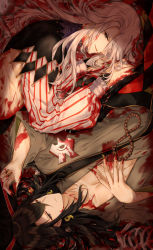 Rule 34 | 2boys, ashiya douman (fate), bishounen, black eyes, black hair, blood, blood on face, blood on clothes, clone, collarbone, contrast, curly hair, earrings, fate/grand order, fate (series), fingernails, green kimono, green nails, hair between eyes, hair intakes, highres, japanese clothes, jewelry, kimono, long hair, magatama, magatama earrings, male focus, multiple boys, nail polish, open clothes, open kimono, purionpurion, ribbed sleeves, sharp fingernails, toned, toned male, very long hair, white hair