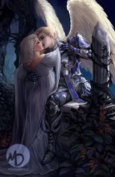 Rule 34 | 2girls, angel wings, armor, artist name, baldur&#039;s gate, baldur&#039;s gate 3, blonde hair, breastplate, broken pillar, circlet, closed eyes, commentary, cracked skin, dame aylin, dress, dungeons &amp; dragons, english commentary, eyeshadow, face-to-face, faulds, feathered wings, full body, gauntlets, gown, greaves, half-closed eyes, hand on another&#039;s back, hand on another&#039;s head, highres, isobel (baldur&#039;s gate), kiss, leaf, makeup, medium hair, momo-deary, multiple girls, night, open mouth, outdoors, pauldrons, pillar, shoulder armor, sitting, standing, tree, watermark, white dress, white hair, wings, yuri