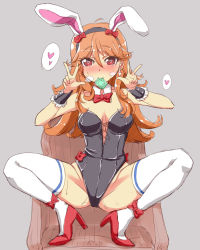 Rule 34 | 1girl, animal ears, bare shoulders, blush, bow, bowtie, breasts, cleavage, condom, condom in mouth, condom wrapper, detached collar, double v, fake animal ears, heart, heart-shaped pupils, highres, leotard, long hair, looking at viewer, mouth hold, nekono matatabi, playboy bunny, rabbit ears, solo, spread legs, squatting, sweat, symbol-shaped pupils, thighhighs, tokyo 7th sisters, usuta sumire, v, white thighhighs, wrist cuffs