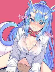 Rule 34 | 1boy, 1girl, absurdres, blue eyes, blue hair, blue horns, blush, bonnggu223, bottomless, breasts, cleavage, clenched teeth, collar, collared shirt, cowgirl position, dashed eyes, dragon girl, dragon horns, dragon tail, dress shirt, dutch angle, girl on top, gradient horns, hair bun, heart, heart-shaped pupils, hetero, highres, horns, large breasts, long hair, long sleeves, looking at viewer, multicolored horns, naked shirt, no bra, nose blush, open clothes, open shirt, original, pov, pussy juice, red background, red collar, saliva, sex, shirt, snot, solo focus, spread legs, straddling, sweat, symbol-shaped pupils, tail, teeth, vaginal, very long hair, white shirt, wing collar