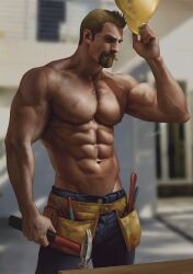 Rule 34 | 1boy, abs, aenaluck, artist name, audec (aenaluck), bara, beard, black pants, blonde hair, blurry, blurry background, construction, facial hair, hammer, hard hat, helmet, highres, holding, holding hammer, large pectorals, male focus, mouth hold, muscular, muscular male, nail, navel, nipples, original, outdoors, pants, pectorals, short hair, solo